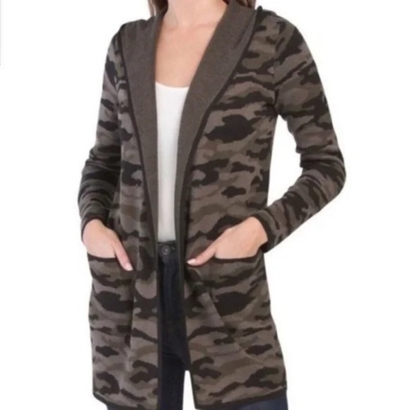 RACHEL ZOE Oversized CAMO Cardigan Sweater Black Olive Army Green Hood Sz XS S - Picture 4 of 15